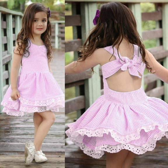 Dooleck Kids Little Girl Sleeveless Dresses Plaid Printed Strap Princess Lace Dress