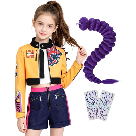 Pop Star Hunter Cosplay Set - Halloween Costume Stage Performance Outfit with Yellow Crop Zip Jacket, Shorts, Purple Braided Wig & Stickers
