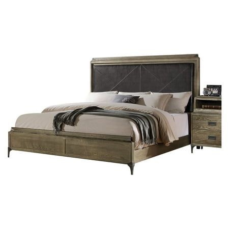 - ACME Athouman California King Panel Bed in PU & Weathered Oak, Multiple Sizes