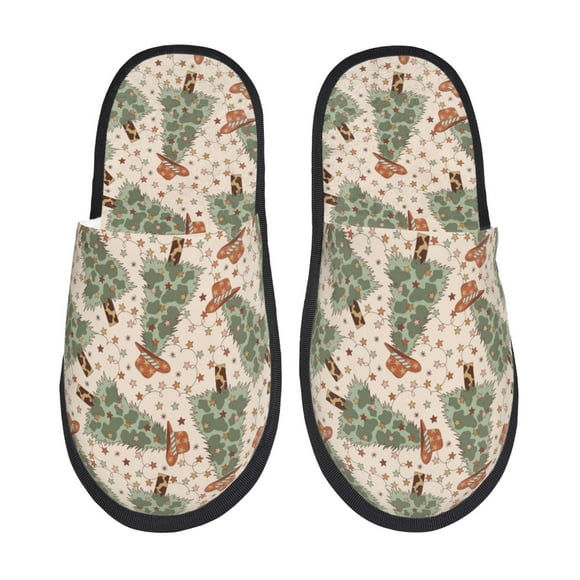 Fotbe Cowboy Christmas Trees Pantuflas Peludas para Mujer con Estampado, Zapatillas de Peluche, Zapatos de Invierno para Casa, Uso Interior y Exterior-Large