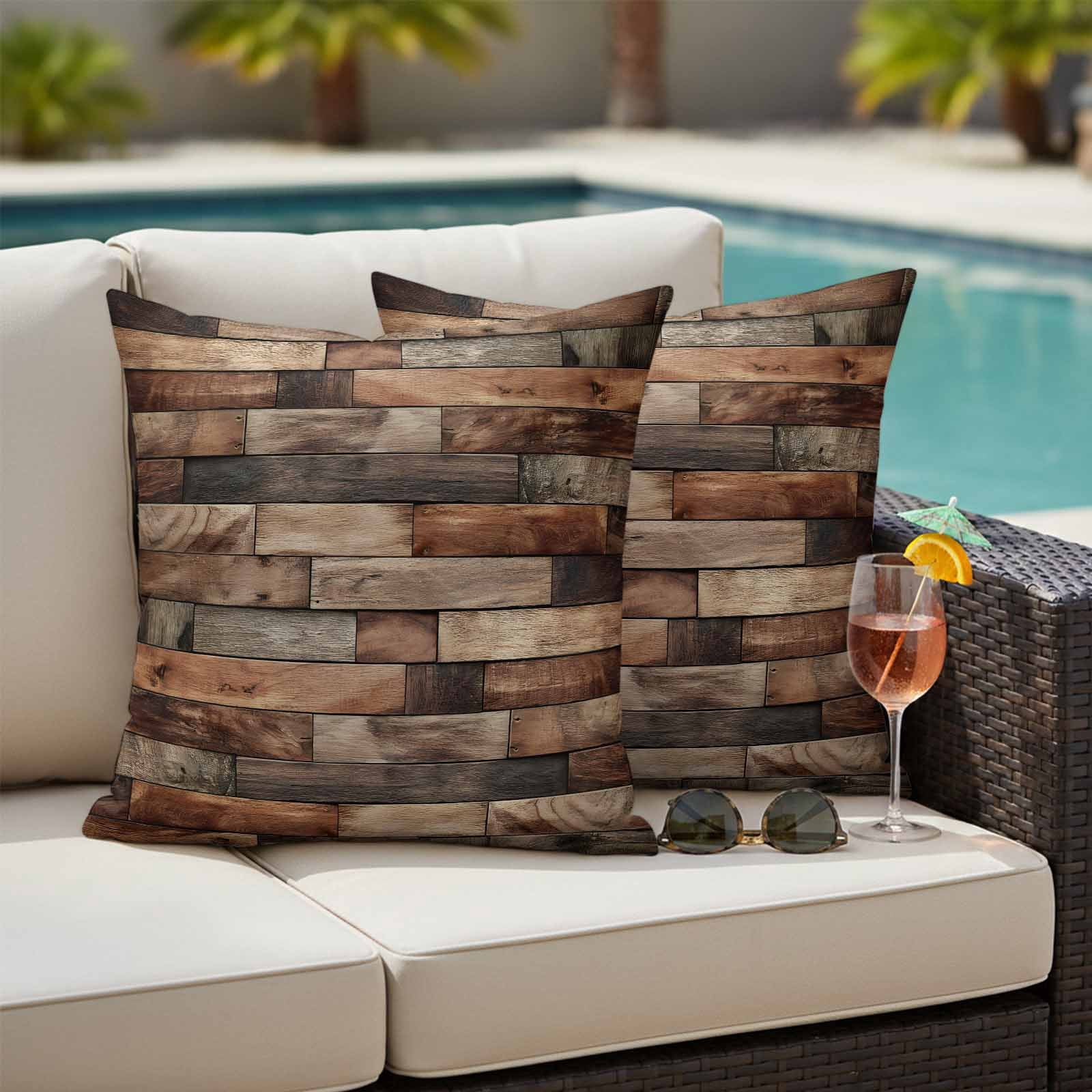 Brown Wood Grain Pillow Covers 2 Pack Farmhouse Vintage Wooden Board Patchwork Pillowcase Waterproof Outdoor Throw Pillow Cover for Patio Garden Square Cushion 18”x18”