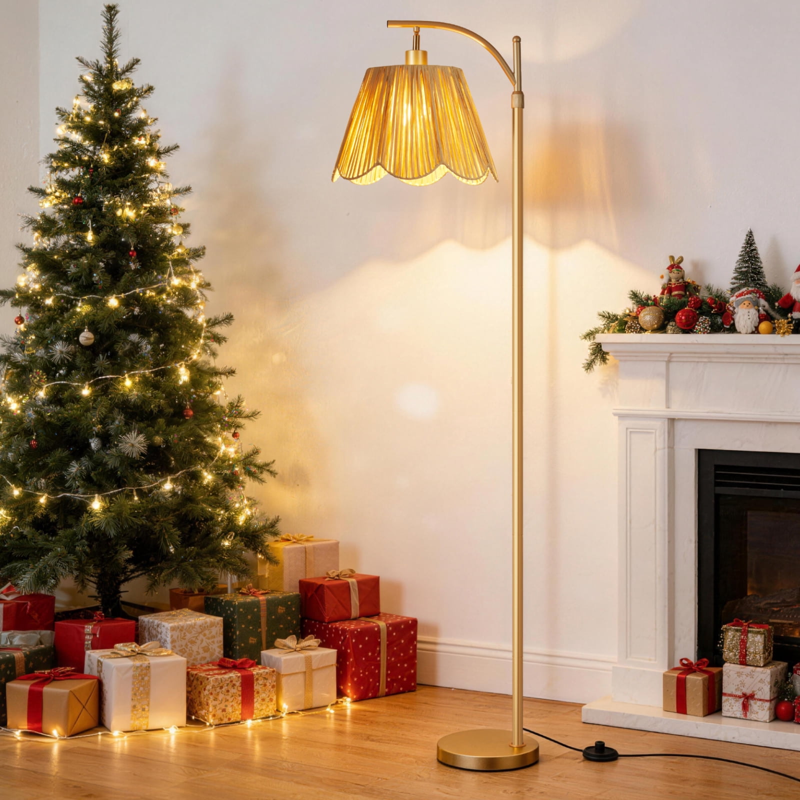 67" Arc Floor Lamp for Living Room,Rattan Boho Floor Lamp with Remote Control,3 Color Temperature Dimmable Standing Lamp Tall Pole Lamps for Bedroom,Gold,Bulb Included