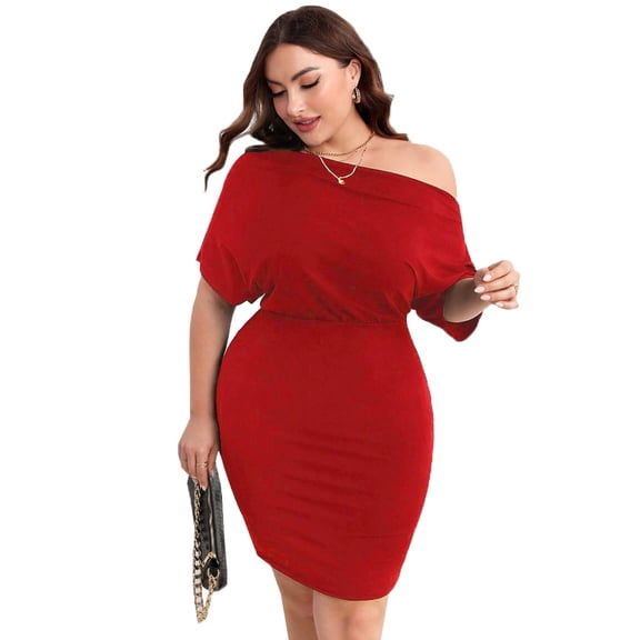 Plus Size Womens Red High Waist Bodycon Midi Dress One Shoulder Knitted Summer Dress