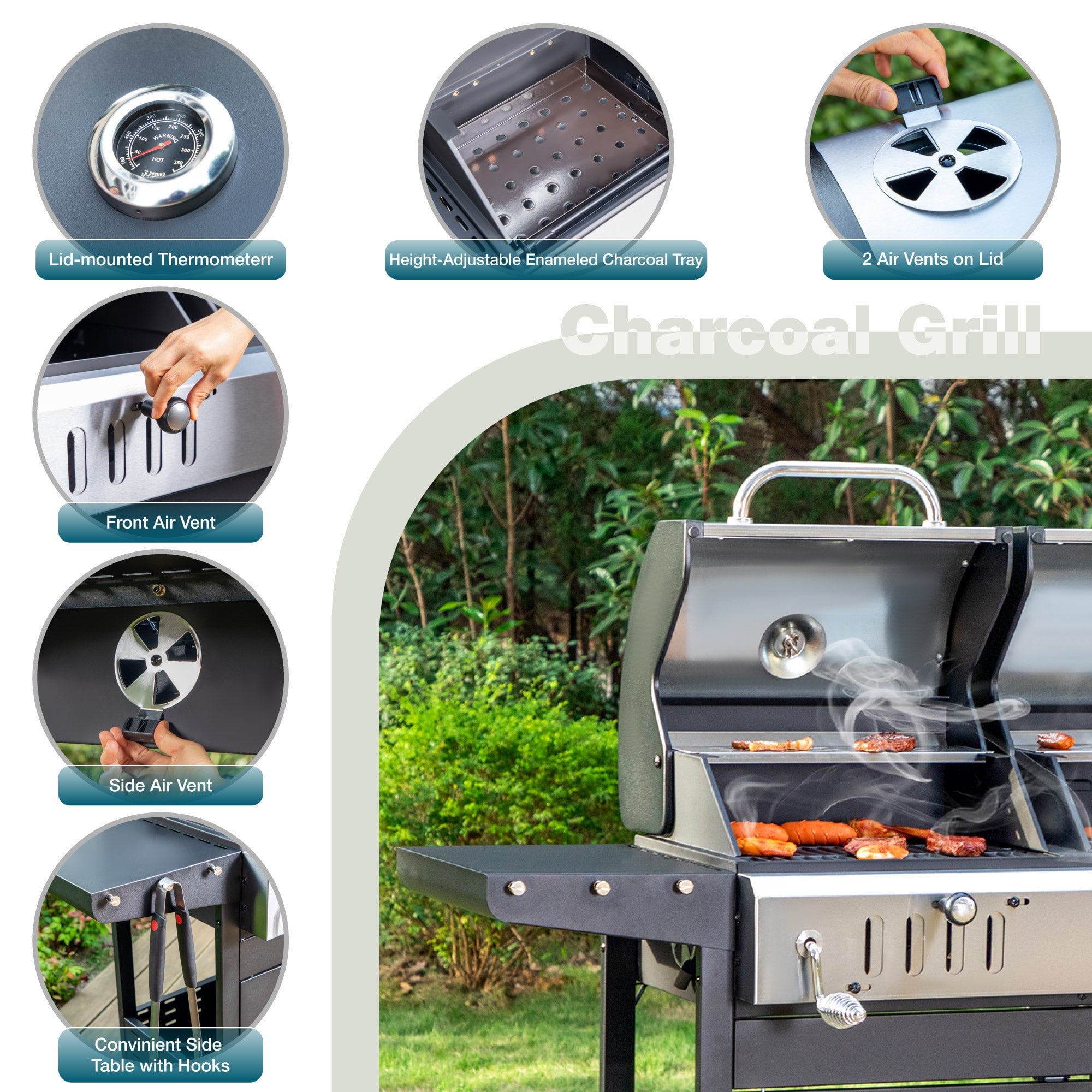 Alpha Joy Dual Fuel Gas and Charcoal Grill Combo with 3 Burners and Side Burner