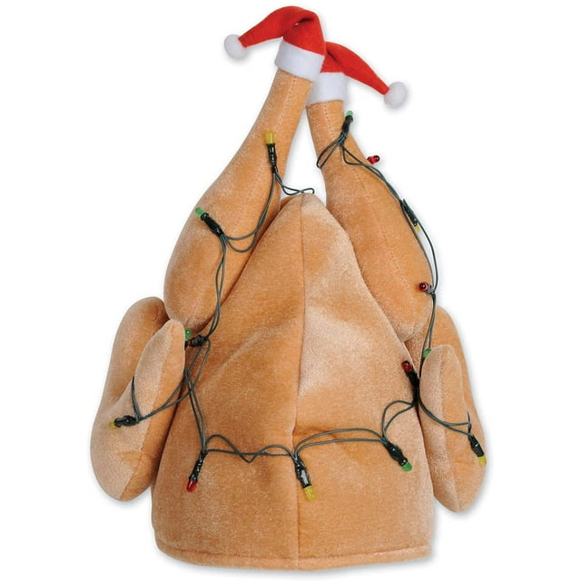Paquete de 1 gorro de pavo navideño con luz de felpa, rojo/blanco/tostado, 43 x 30 cm ER
