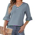 thumbnail image 2 of MaFYtyTPR Women Top 3/4 Sleeve Fashion Ladies's Casual V-Neck Striped Bloues With Ruffled Shaped Sleeves, 2 of 5