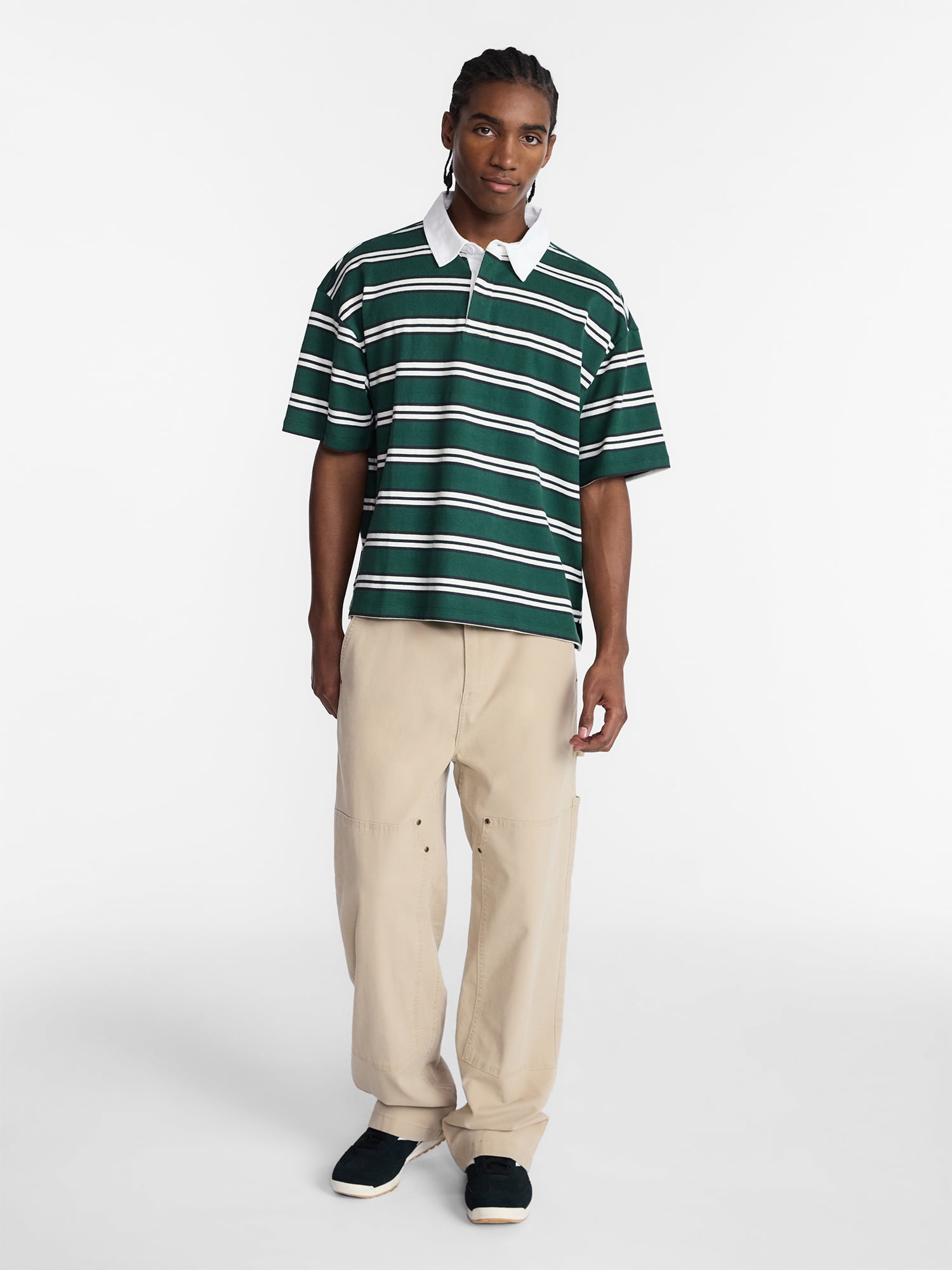 No Boundaries Striped Rugby Shirt with Short Sleeves, Men's XS-5XL