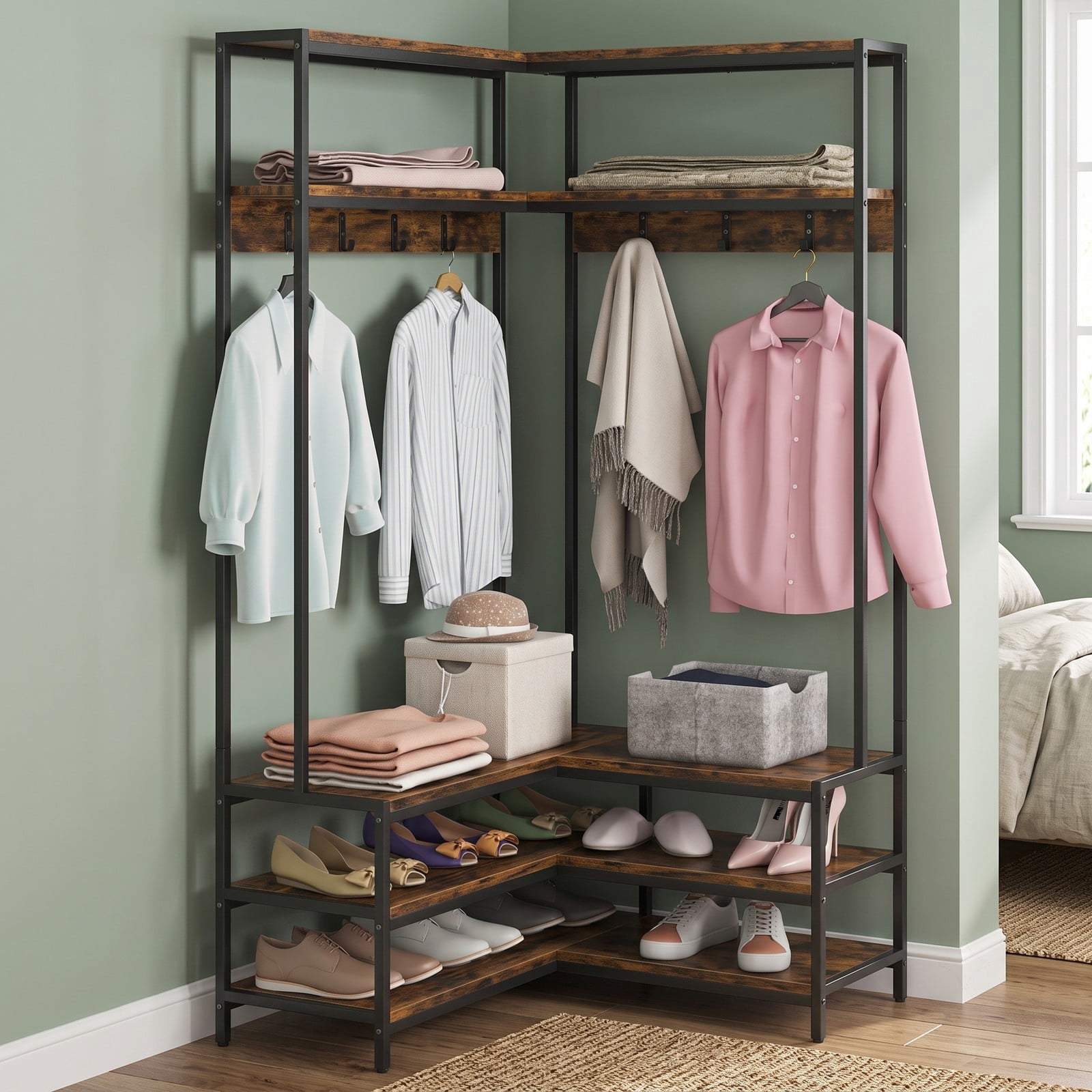 Furnibear L-Shaped Corner Garment Rack with Open Shelves 7 Hooks and Shoe Bench for Bedroom and Entryway Storage, Rustic Brown