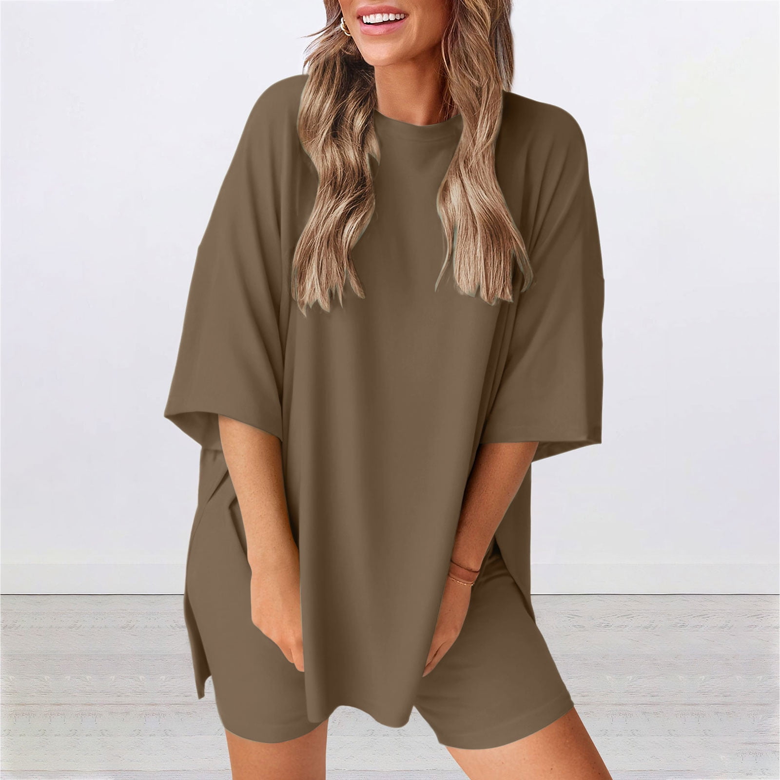 Lcziwo Womens Two Piece Shorts Sets Short Sleeve Side Slit