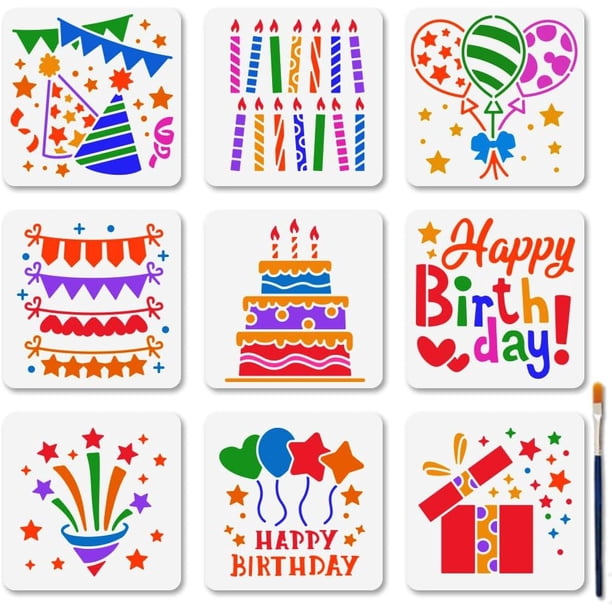 9 plantillas de feliz cumpleaños para pintar, para fiestas de cumpleaños, pasteles, globos, cajas de regalo, velas, pancartas, con pincel.