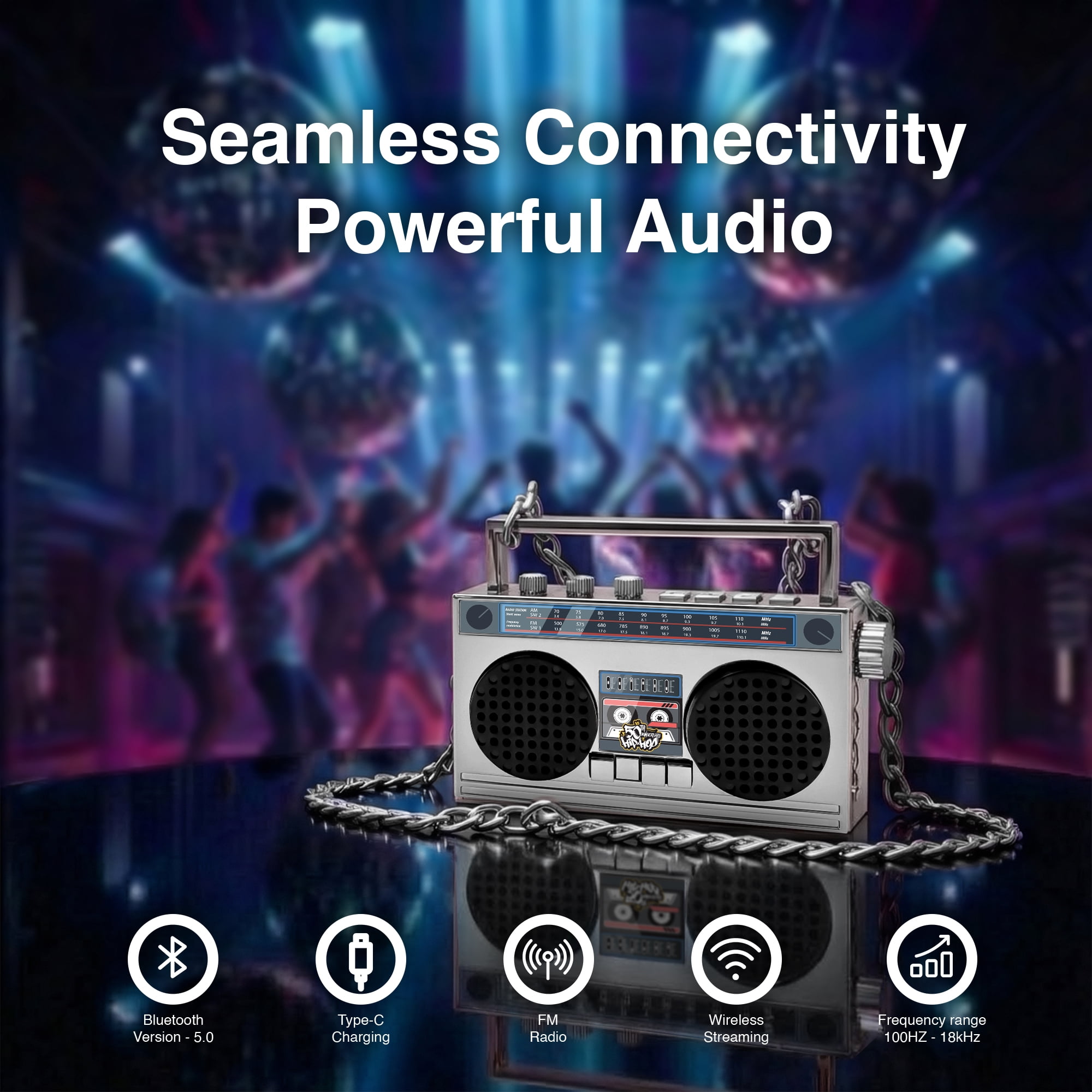 Portable Mini Bluetooth Wireless Speaker Retro Wearable Boombox with 27 Inch Necklace, FM Radio, On Board Buttons, with Dual 6W Peek Power Micro Speakers, and Long Lasting Battery
