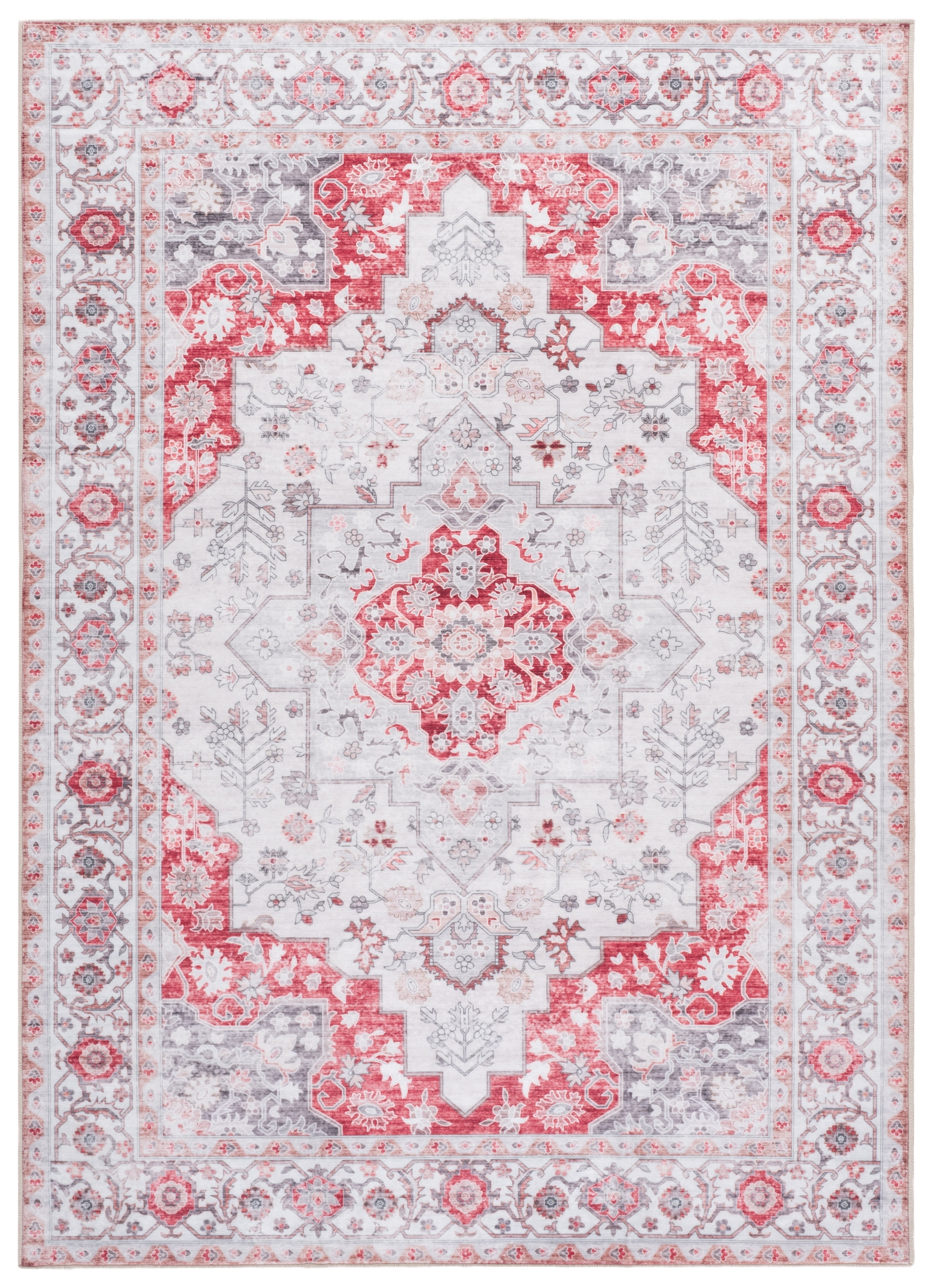 SAFAVIEH Arizona Seine Oriental Machine Washable Area Rug, Light Gray/Rust, 5' x 7'