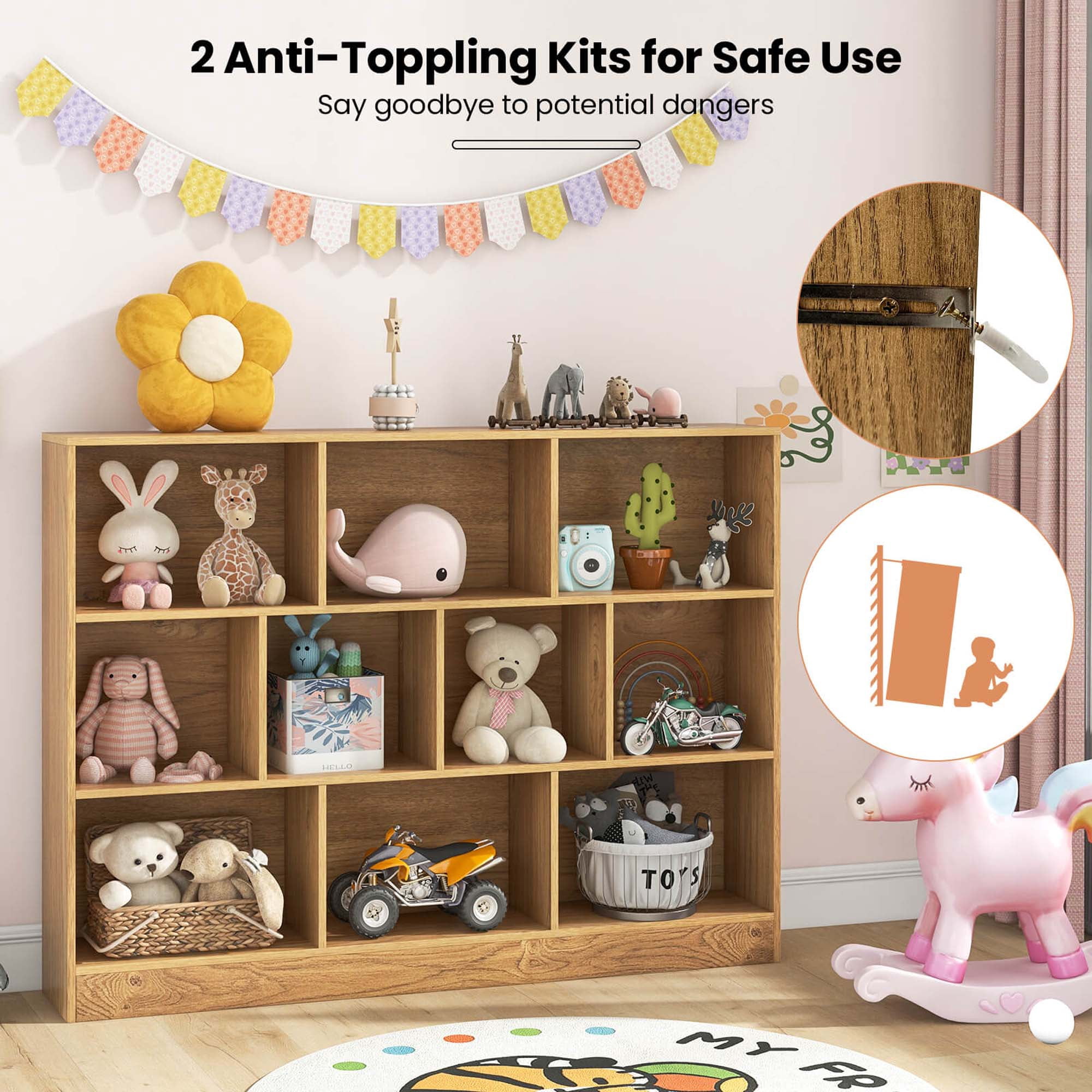 Costway 10-Cube Bookcase 41" Wooden Toy Storage Organizer for Kids Bookshelf Natural