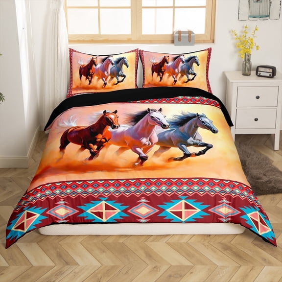 Erosebridal Galloping Horse Comforter Cover King, Farm Animal Bedding King Size, Hippie Aztec Bedroom Decor 3-Piece (No Comforter)