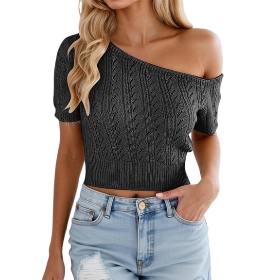 Womens Knit T-Shirts Off Shoulder Casual Short SLeeve Tops Casual Baggy Fashion Solid Colored Tees