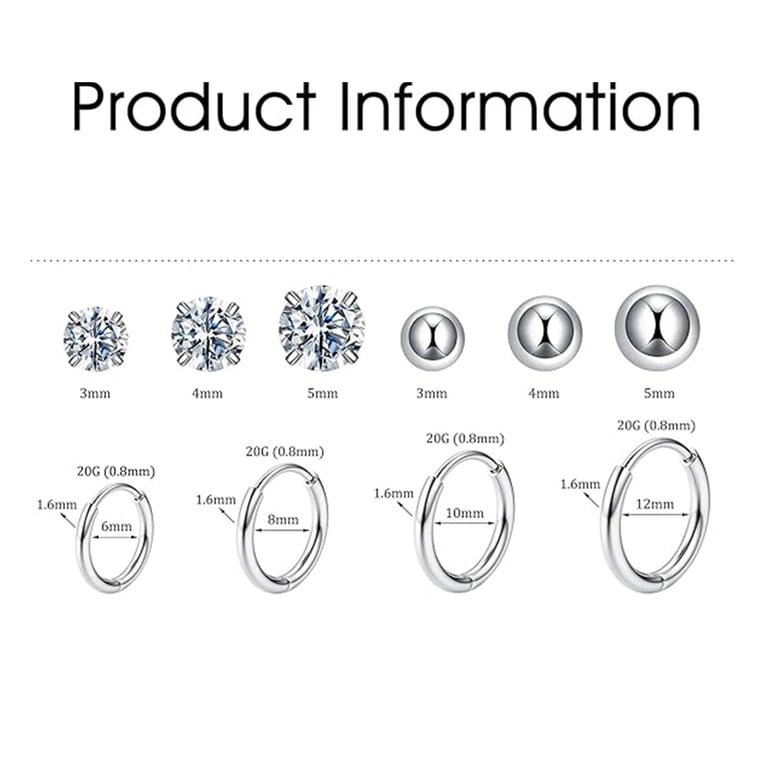 Amazon.com: Surgical Steel Hoop Earrings Set, 8 Pcs - 10/12  10 Pairs Silver Hoop Earrings Set for Men Surgical Steel Hoop Earrings display picture 1