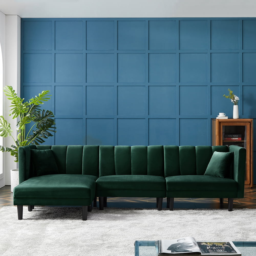Lowestbest Mid Century Modern Reversible Sectional Sofa Sleeper Bed with 2 Pillows, Dark Green Lowestbest Mid Century Modern Reversible Sectional Sofa Sleeper Bed with 2 Pillows, Dark Green