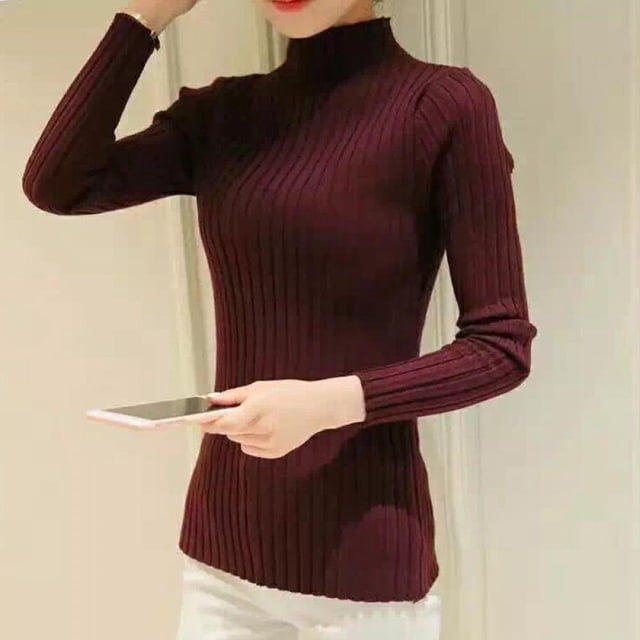 Pull à Col Roulé Slim à Manches Longues pour Femme