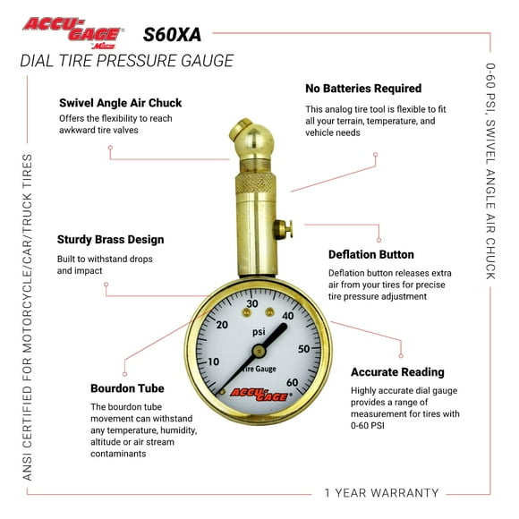 Accu-Gage by Milton Dial Tire Pressure Gauge with Swivel Angle Air Chuck - ANSI Certified for Motorcycle/Car/Truck Tires (0-60 PSI)