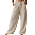 thumbnail image 2 of APEXFWDT Women's Cotton Linen Wide-Leg Pants Casual Loose Pleated Front Trousers Elastic Waist Palazzo Trousers with Pockets,XL,Beige, 2 of 6