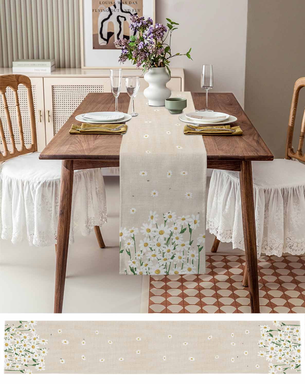 Ldtrchee Spring Floral Daisy Table Runner 48 Inches, Flower Burlap Texture Bed Runner Dresser Scarves Tabletop for Indoor Outdoor Parties/Ceremony/Banquet, 13" x 48"