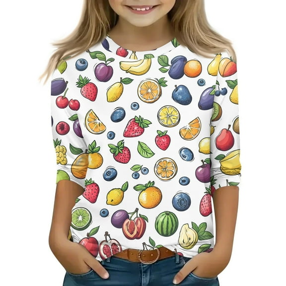 XADYUY Girls Tee Shirts 10-12 Summer Crewneck Toddler T-Shirt Fruit Graphic Tshirt Casual 3/4 Sleeve Cotton Tops 5-6 Years,White