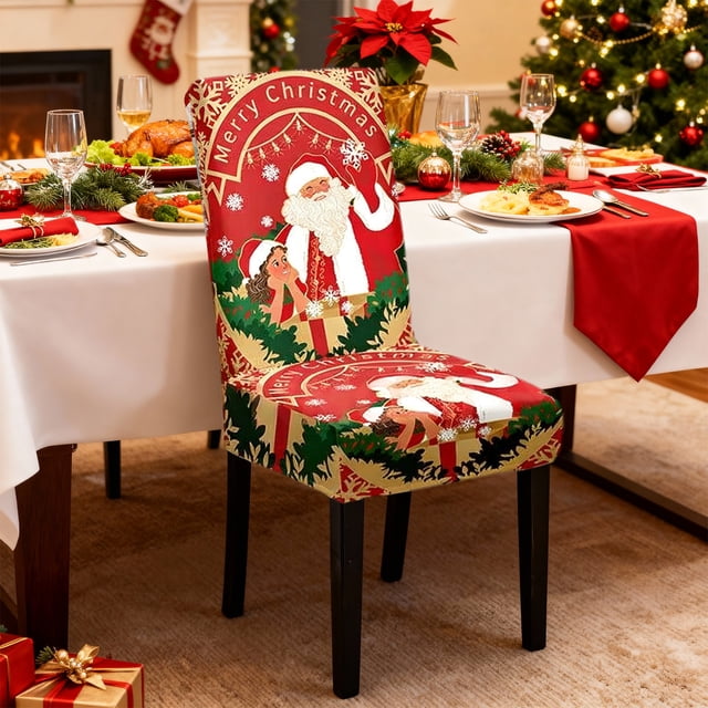 Decoraciones navideñas, adornos navideños, regalos navideños Funda navideña para silla, 1 pieza, protector navideño para silla de comedor, funda elástica para silla, lavable, apta para restaurante, ho