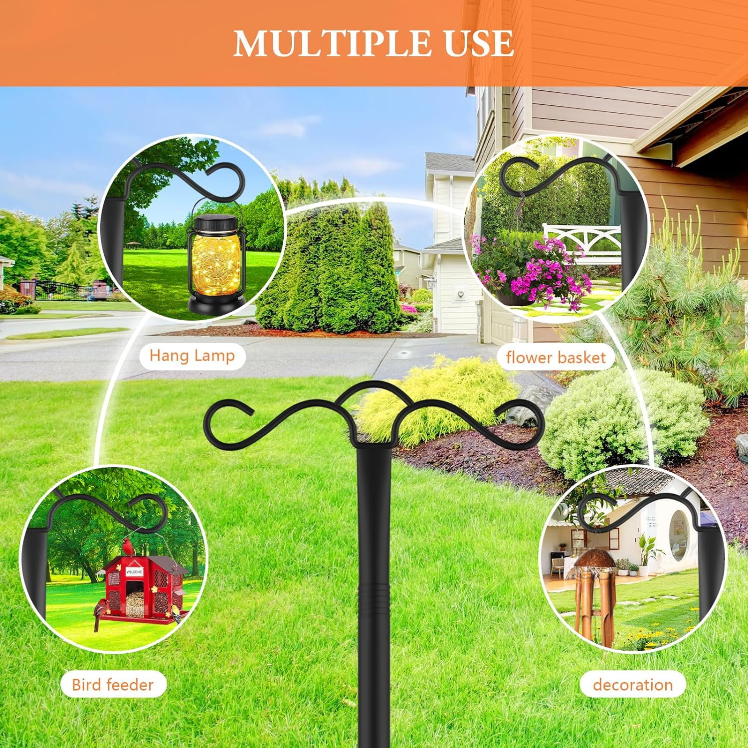 2 Pack 90 inch Double Shepherds Hook for Outdoor with 5 Prong Base Heavy Duty Two Sided Bird Feeder Pole for Hanging Lantern,Hummingbird Feeder,Lightweight Plant,Shepherds Hook