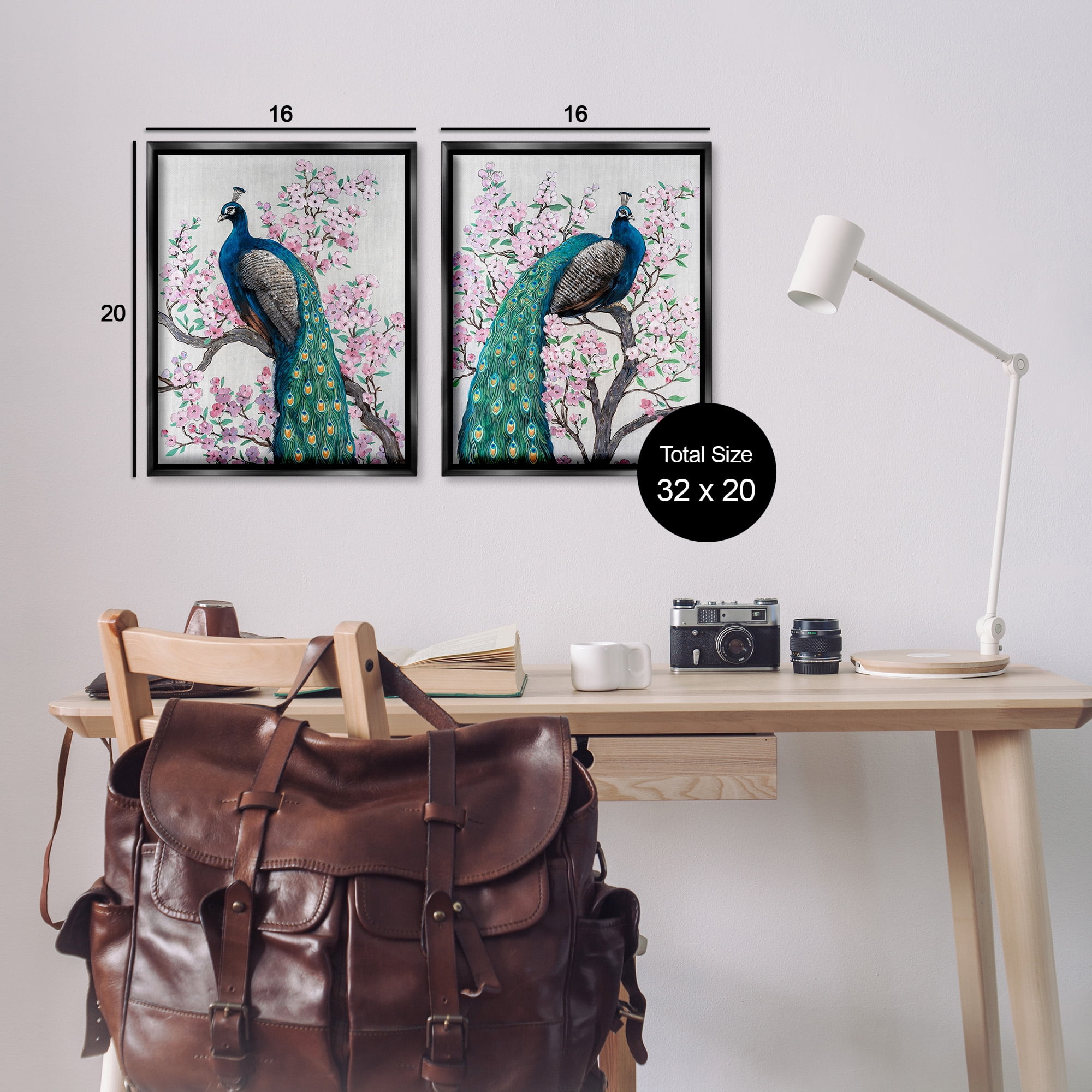 Stupell Industries Floral Peacocks Perched Animals & Insects Painting Black Floater Framed Canvas Art Print Wall Art, 17 x 21, Set of 2