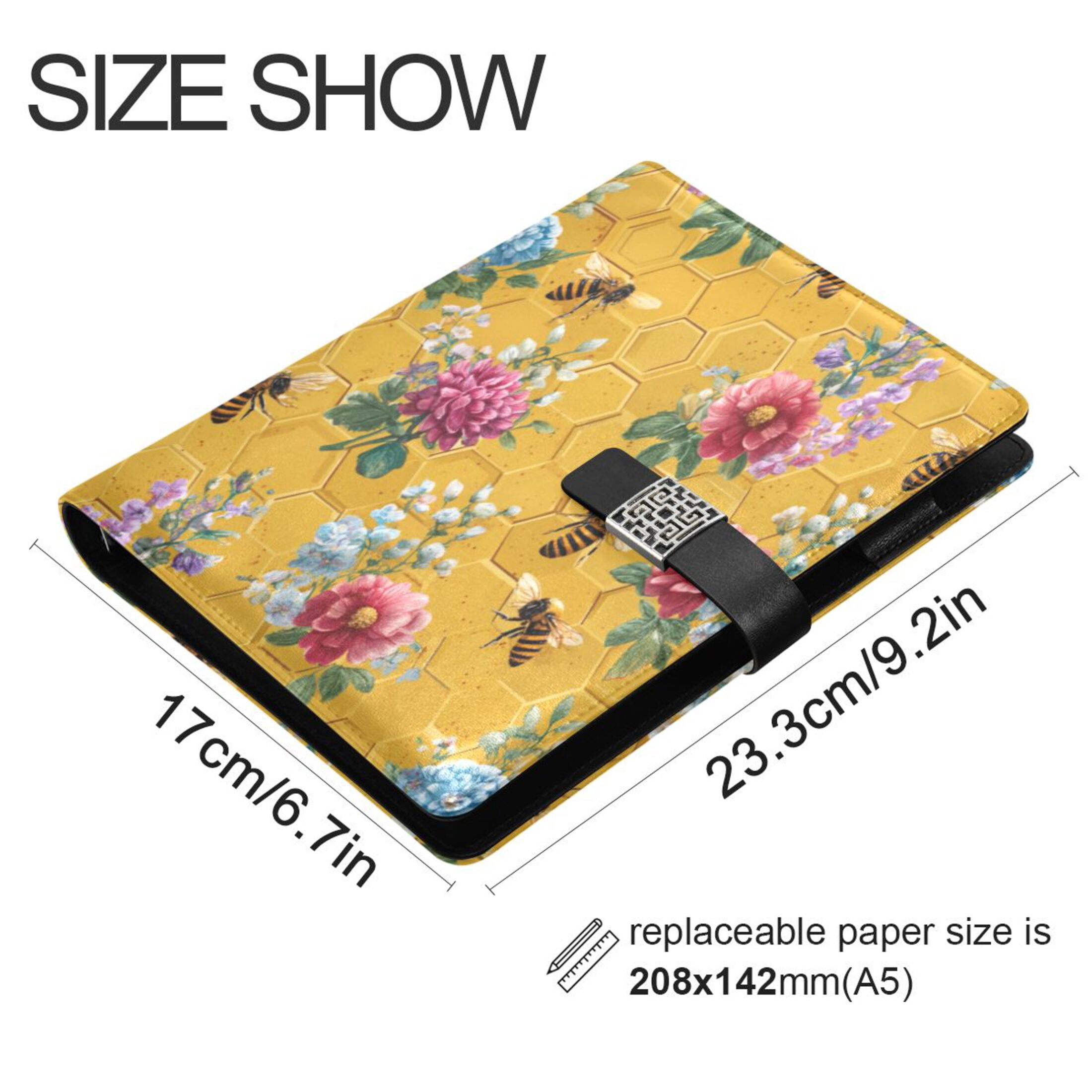 Leather Planner Leather Notebook Notebook Journal Binder Design Pen Pocket Design Convenient for Storage Honeycomb Bee Watercolor Floral