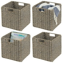 mDesign Seagrass Woven Cube Bin Basket Organizer, Handles, 4 Pack - Gray Wash