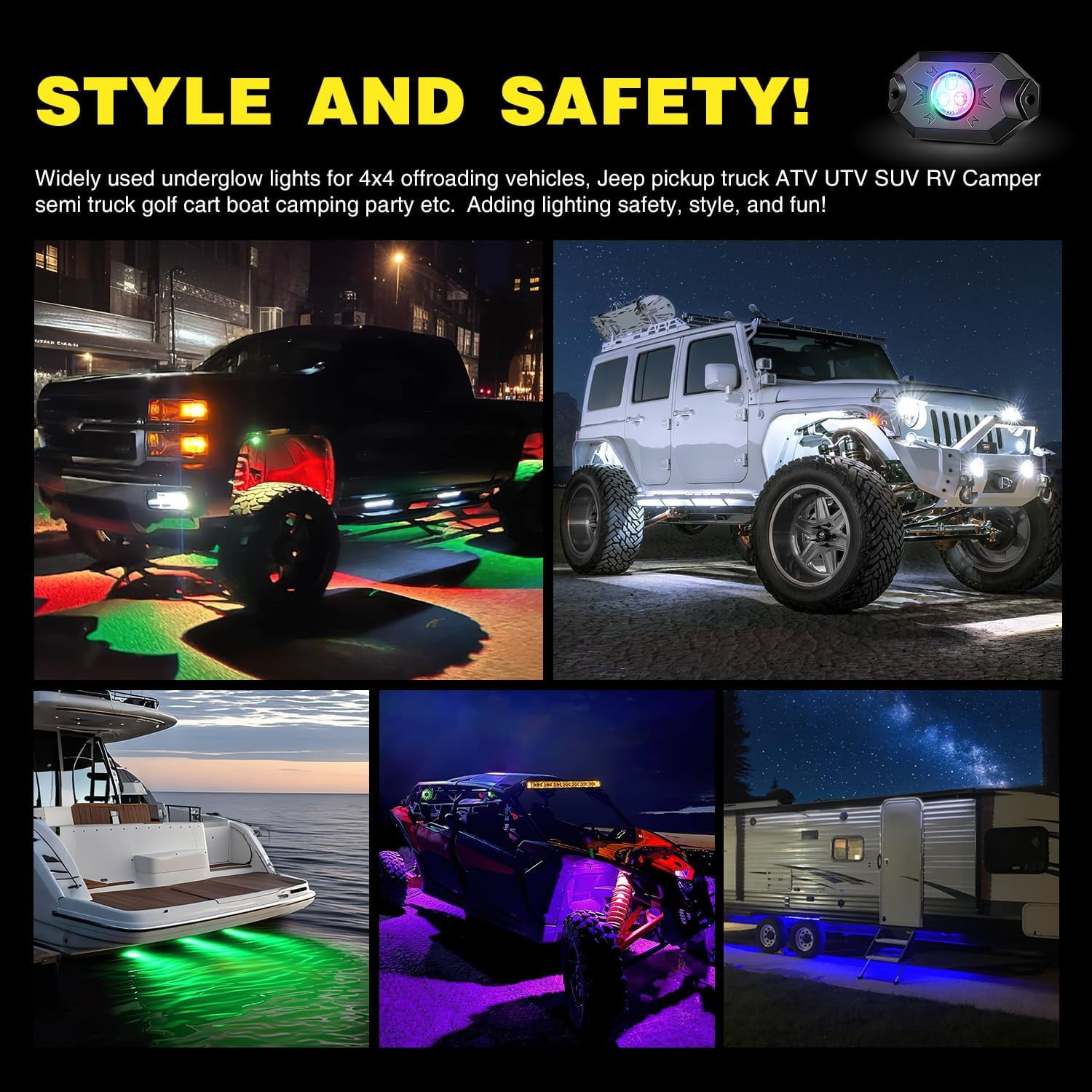 Nilight 4PCS RGB LED Rock Lights Kit with Extension Cables and Rocker Switch, Bluetooth APP Multi-Color Underglow Lighting System for Trucks, UTV, ATV, Jeep and Off-Road Vehicles