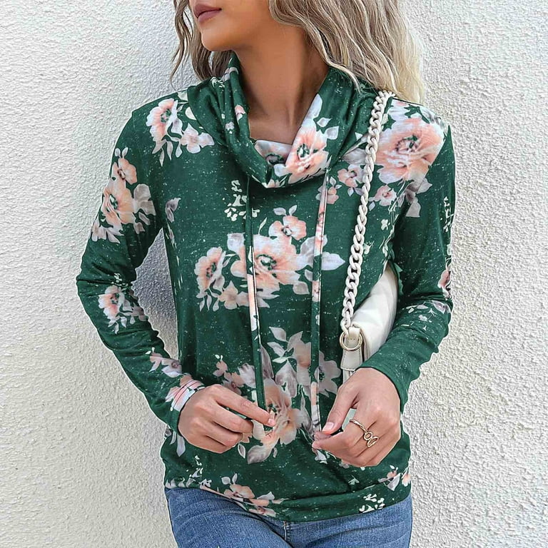 Clearance RQYYD Women's Floral Print Hoodie Long Sleeve Cowl Neck