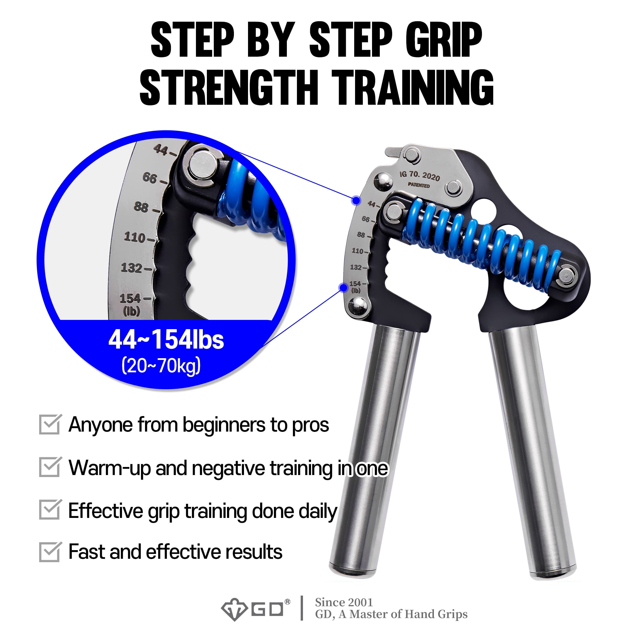 GD IRON GRIP 70(S) Adjustable Hand Grip Strengthener, 44~154lbs Grip Strength Trainer Premium Forearm Strengthener Hand Gripper for Grip Strength