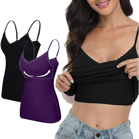 

Women s V-Neck Lace Camisole Basic Cami Tops with Shelf Bra Undershirts 2 Pack