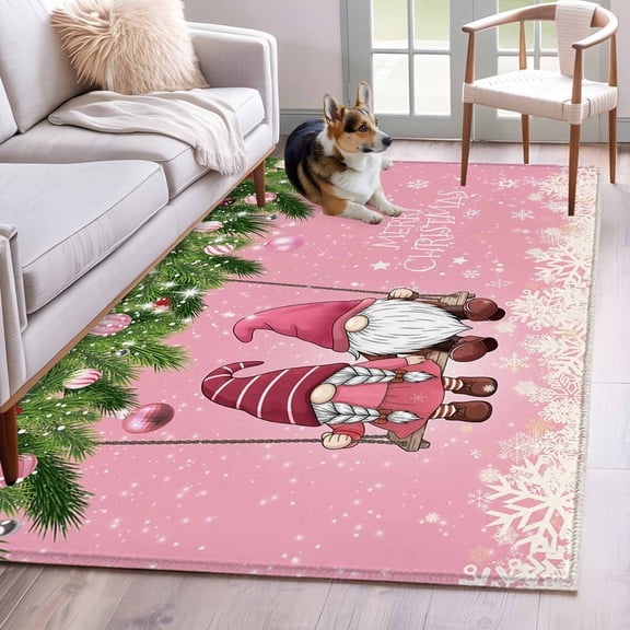 Pink Gnomes Christmas Area Rug 4x6 Washable Rug Non Slip Xmas Balls Snowflake Large Area Rug Indoor Floor Carpet for Entryway Bedroom Kitchen Living Room Home Office Dining Room Nursery