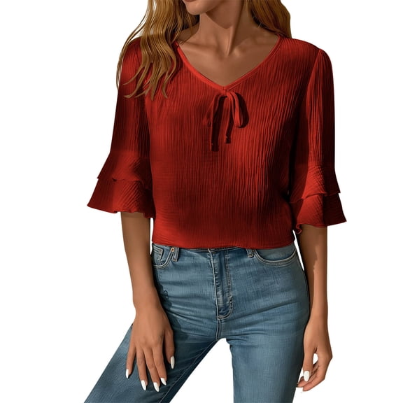 Staron Women's Casual V-Neck Tops Loose Three-Quarter Sleeve Blouses Solid Color Basic Comfy Relaxed T-Shirt, Red S
