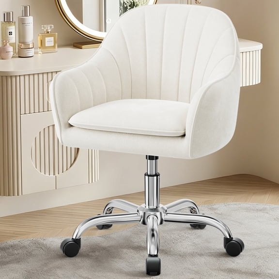 COOLHUT Office Desk Chair with Padded, Velvet Vanity Chair with Back and Wheels, Home Office Chiar with Sliver Legs, Height Adjustable, Rolling Chair for Vanity Room, Makeup Room, Bedroom, Beige