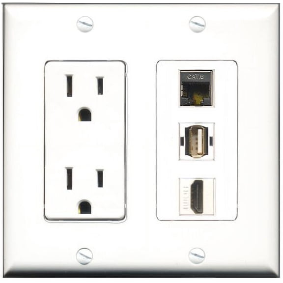 RiteAV - 15 Amp Power Outlet 1 Port HDMI 1 Port USB A-A 1 Port Shielded Cat6 Ethernet Ethernet Decorative Wall Plate