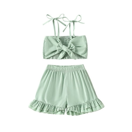 

Frobukio Kids Little Girls 2Pcs Outfits Solid Color Spaghetti Strap Bowknot Pleated Crop Tops + Ruffled Shorts Green 6-7 Years