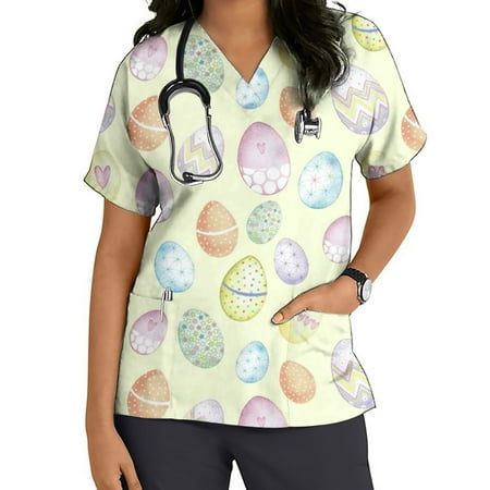 

lulshou Women s Scrubs Tops with Pocket Short Sleeve Working Uniform Top V-neck Protective Clothing Tops Nurses Tunic Uniform Clinic Carer Workwear Top Easter Print Blouse Summer Clearance