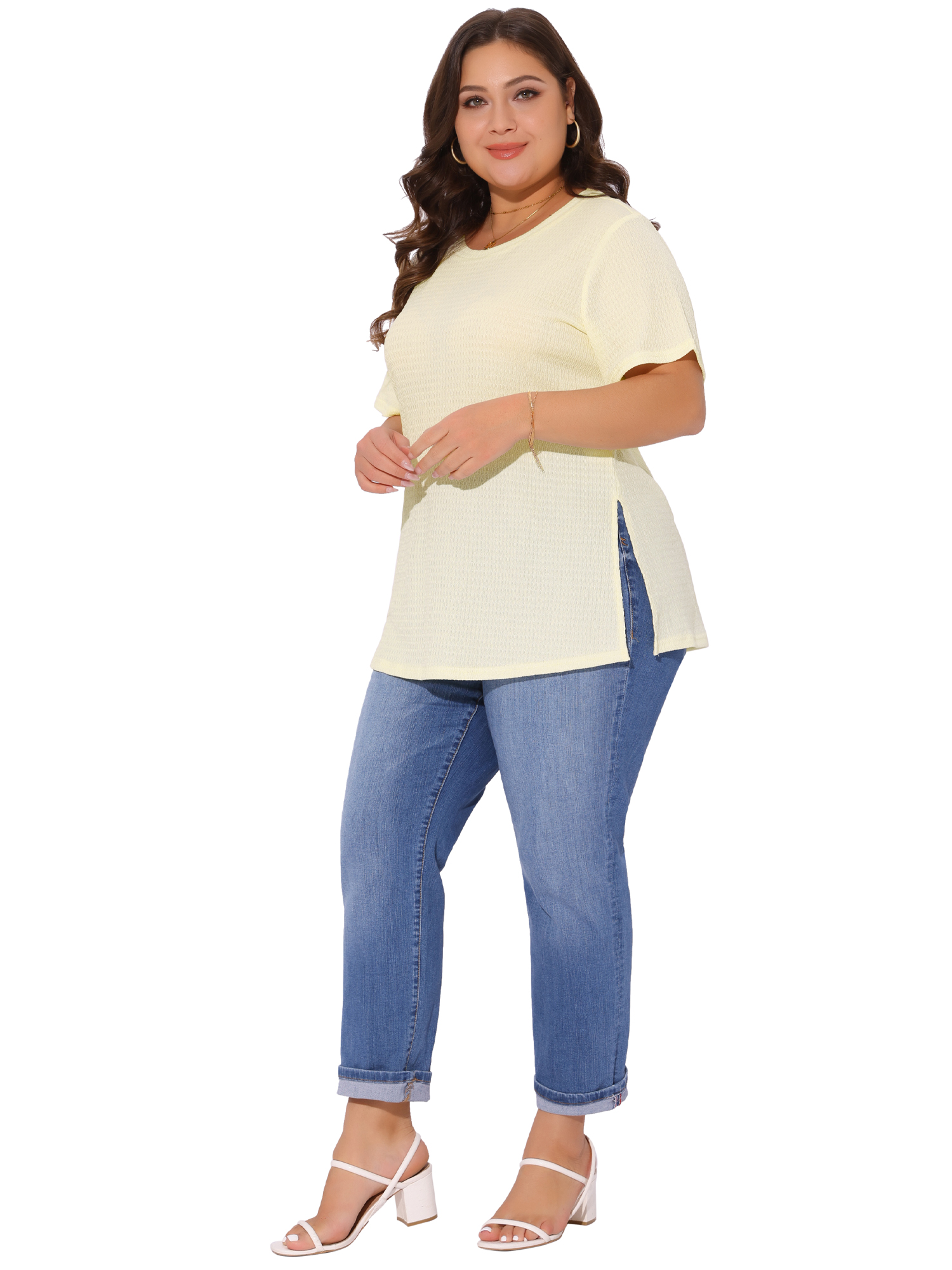 DARING DIVA Women's Plus Crew Neck Top 1X Beige