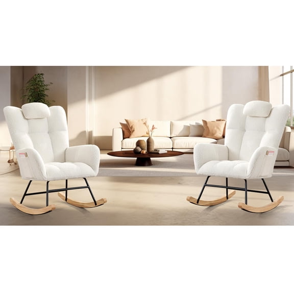 Modern Upholstered Stuffed Animal Fabric Rocking Chair Set of 2 – High Backrest, Padded Seat, Cozy Accent Glider for Living Room or Bedroom – Recliner Armchair – Beige