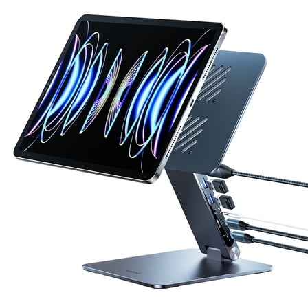 Vizlon Adjustable iPad Stand - Ergonomic Metal Holder w/USB Port for iPad Pro 11/Air 4/5 - Space-Saving, Durable Desk Mount, Sleek Metallic Finish
