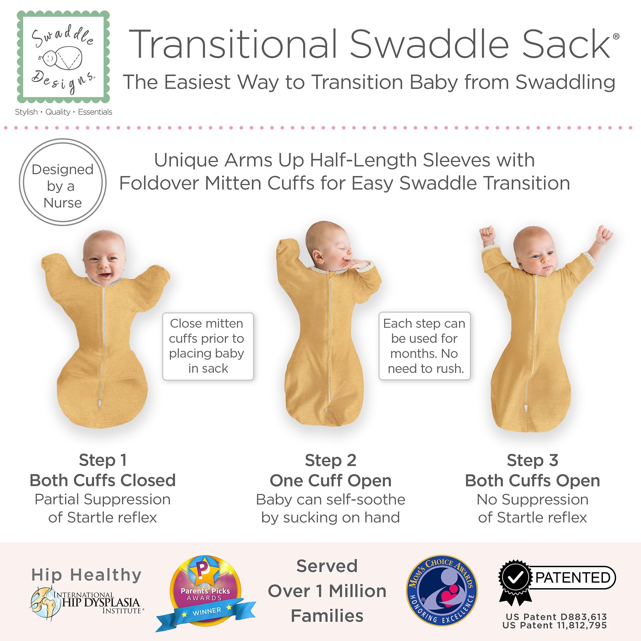 SwaddleDesigns Transitional Swaddle Sack, Arms Up Swaddle with Half-Length Sleeves & Mitten Cuffs, Easy Transition Swaddle Sleep Sack, Small, 0-3 Months, 6-14 lb, Heathered Gold