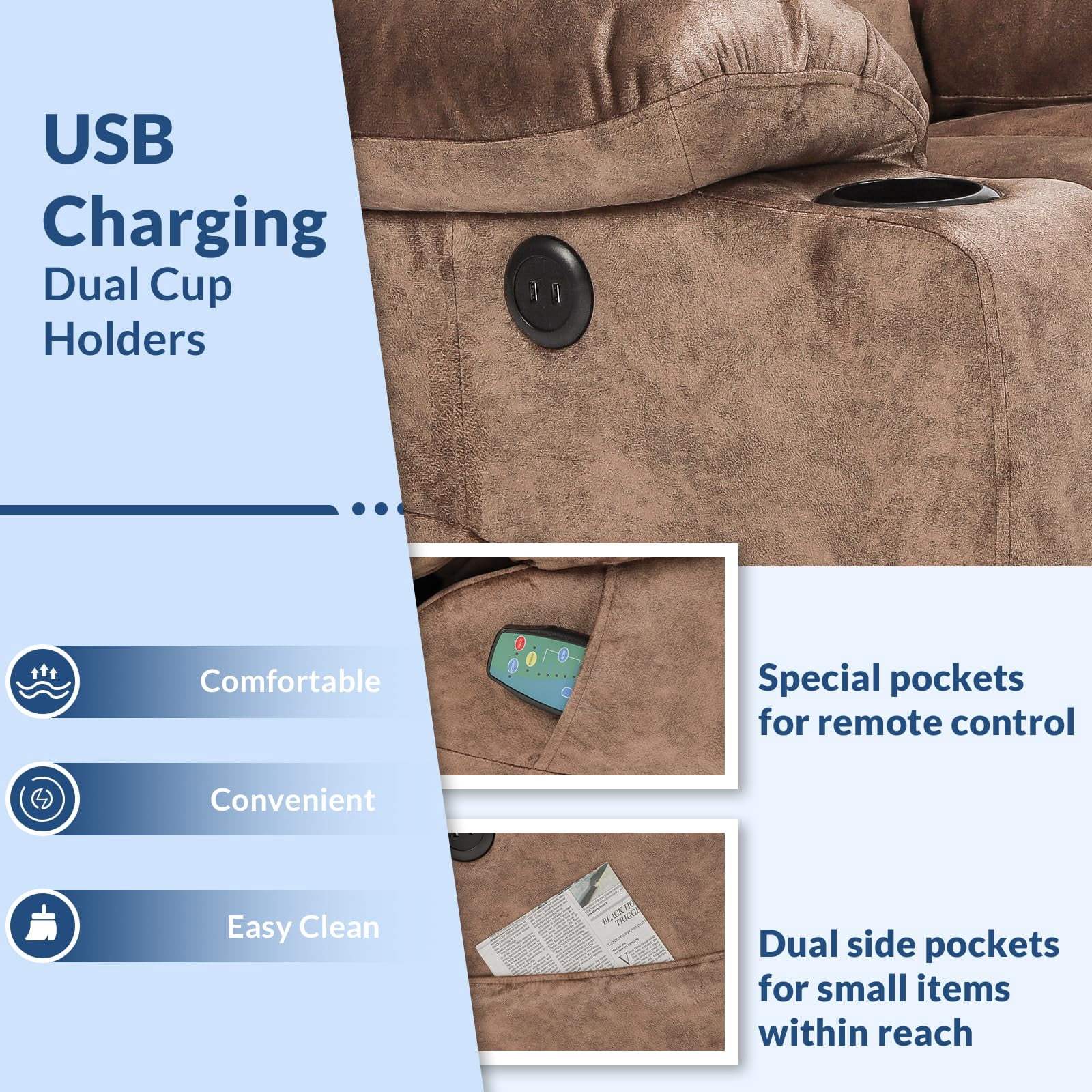 Manual Swivel Glider Rocker Recliner Chair with Heated Massage, 360° Swivel Overstuffed Lounge Chair with 2 Cup Holders, Side Pockets & USB Ports for Living Room, Fabric Brown