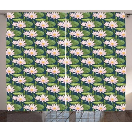 Lily Flower Curtains 2 Panels Set, Hand Drawn Style Pink Blossoms on a Pond Aquatic Flora Feng Shui Zen Garden, Window Drapes for Living Room Bedroom, 108W X 63L Inches, Multicolor, by