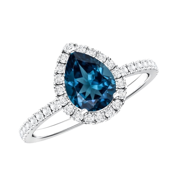 Rosec Jewels London Blue Topaz Teardrop Engagement Ring with Halo - Natural Blue Topaz Diamond Ring for Women, 925 Sterling Silver, US 4.00