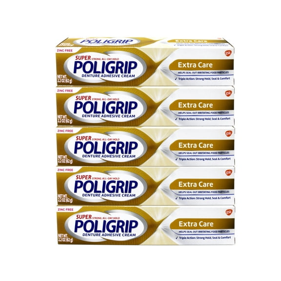 5 Pack - Super Poligrip Extra Care Denture and Partials Adhesive Cream, 2.2 oz