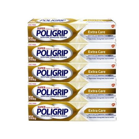 5 Pack - Super Poligrip Extra Care Denture and Partials Adhesive Cream, 2.2 oz